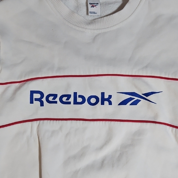 Vintage Reebok Men's White Crewneck Sweater with Blue and Red Accents - Picture 2 of 5